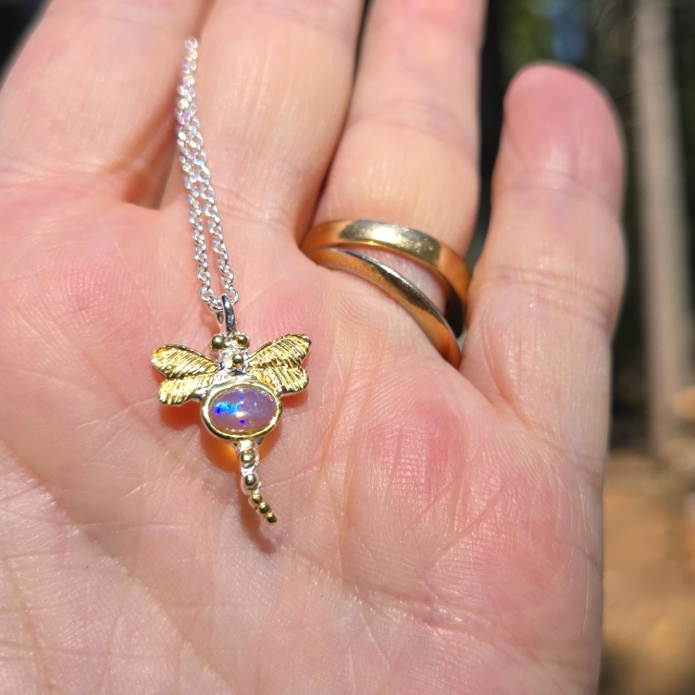Opal 2k Natural Silver & Gold Dragonfly Necklace 18" - Picture 7 of 9